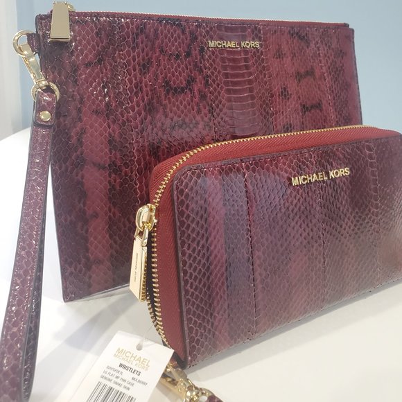 NWT ✅ Michael Kors Mulberry Snakeskin Set: Clutch Wristlet + Matching Wallet NWT - Picture 1 of 16